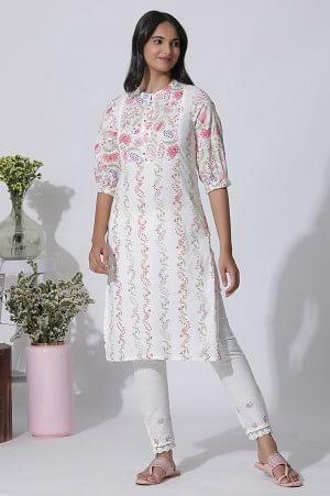 White Floral Printed Straight Cotton Kurta And Pants Set - L