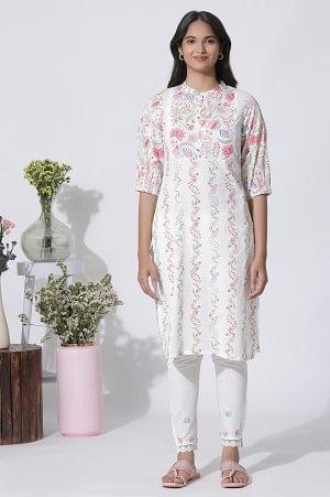 White Floral Printed Straight Cotton Kurta And Pants Set