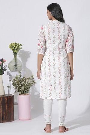 White Floral Printed Straight Cotton Kurta And Pants Set