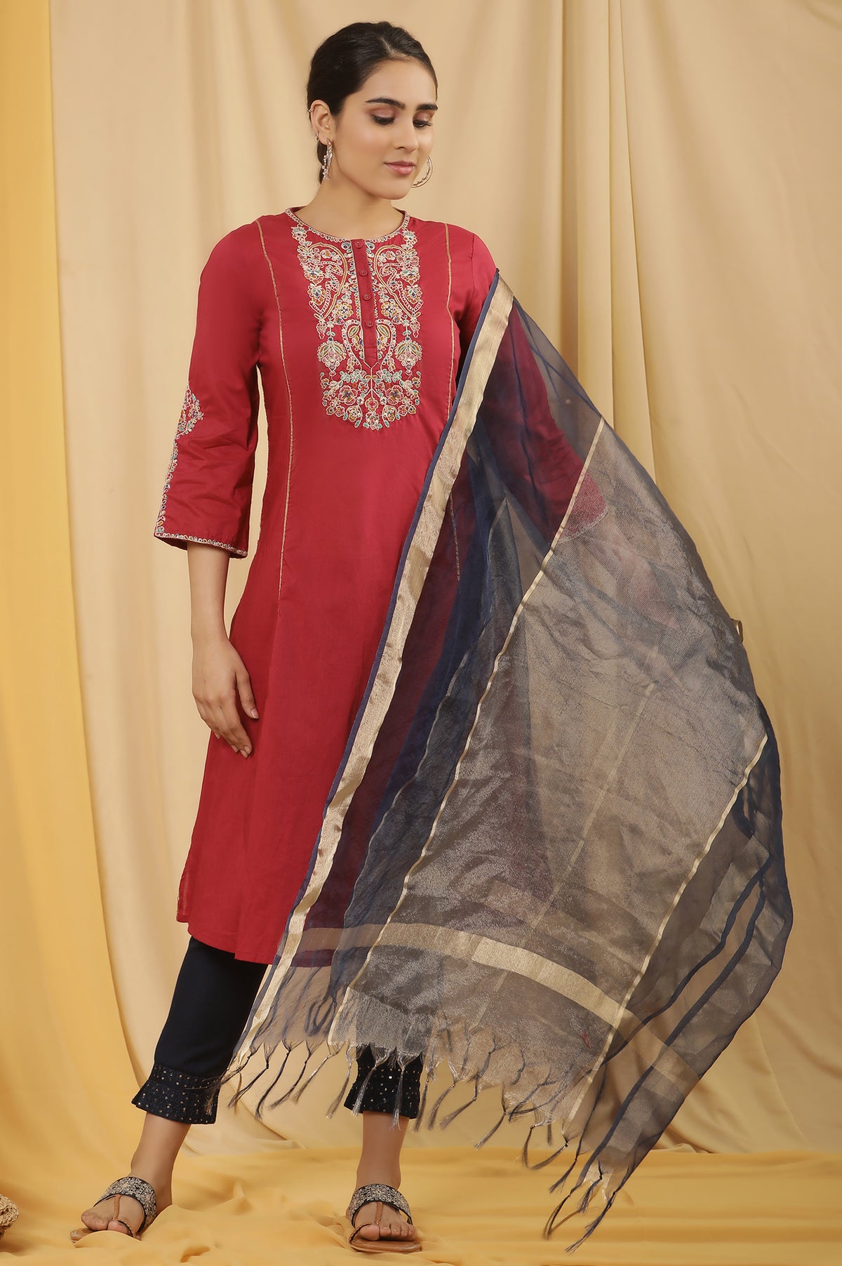 Maroon Embroidered Festive Kurta, Embellished Pants And Dupatta Set - XS