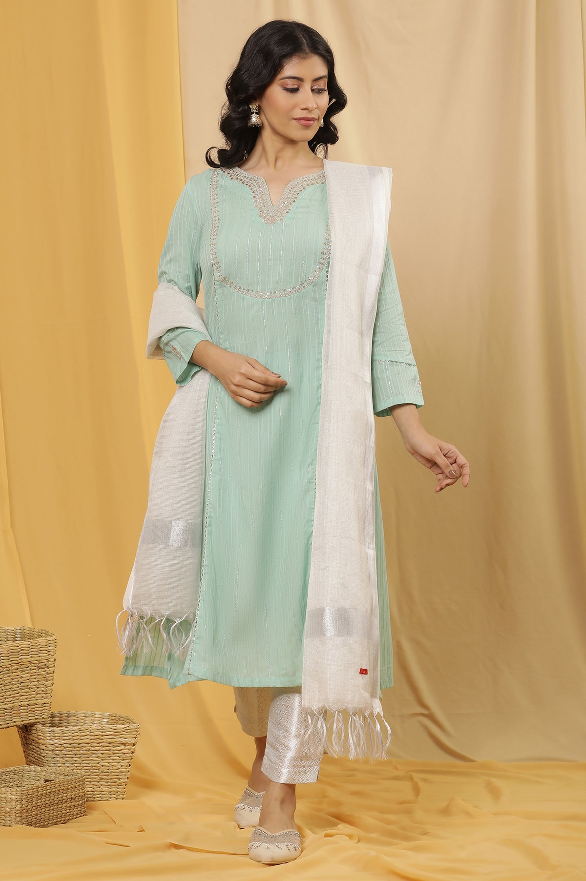 Blue Flared Embroidered Kurta, Slim Pants And Dupatta Set - XS