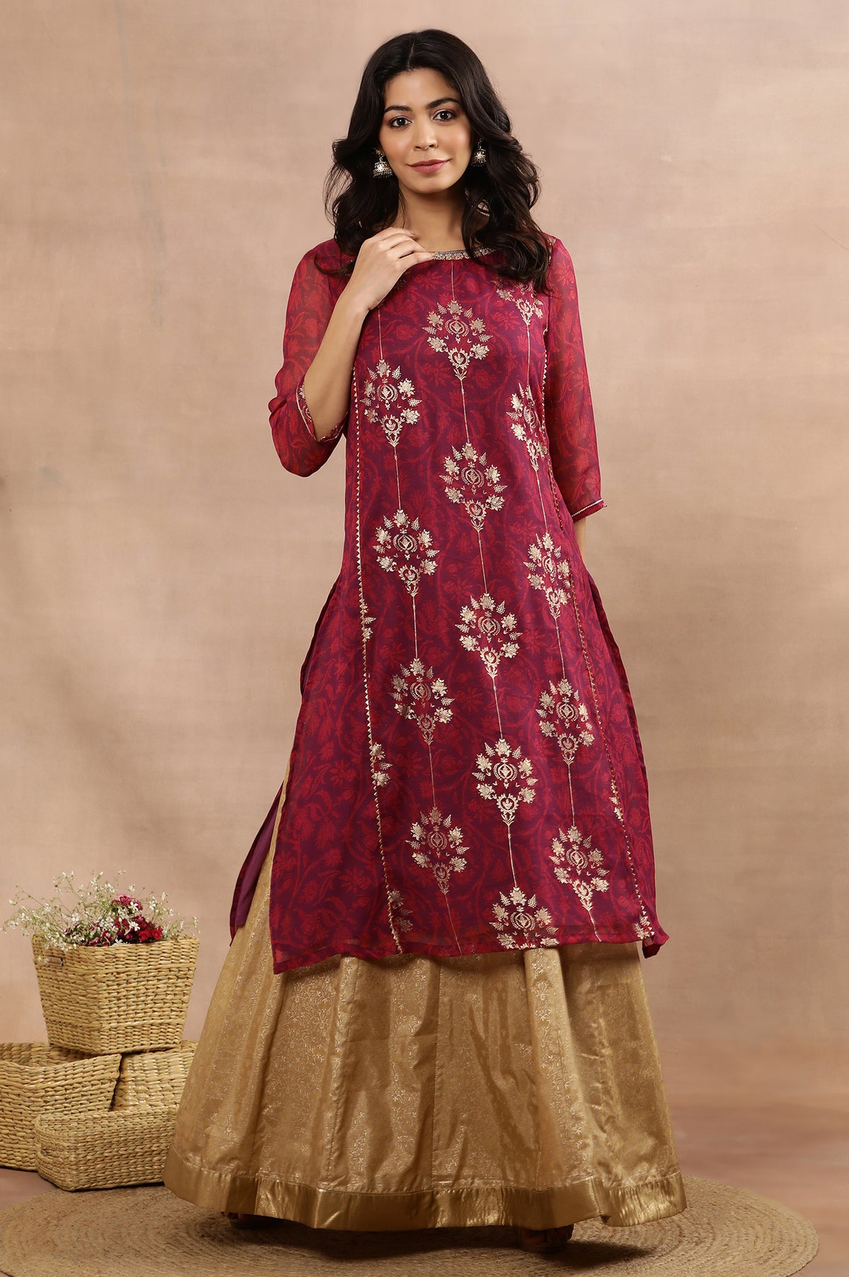 Purple Zari Embroidered Kurta And Skirt Set - XS