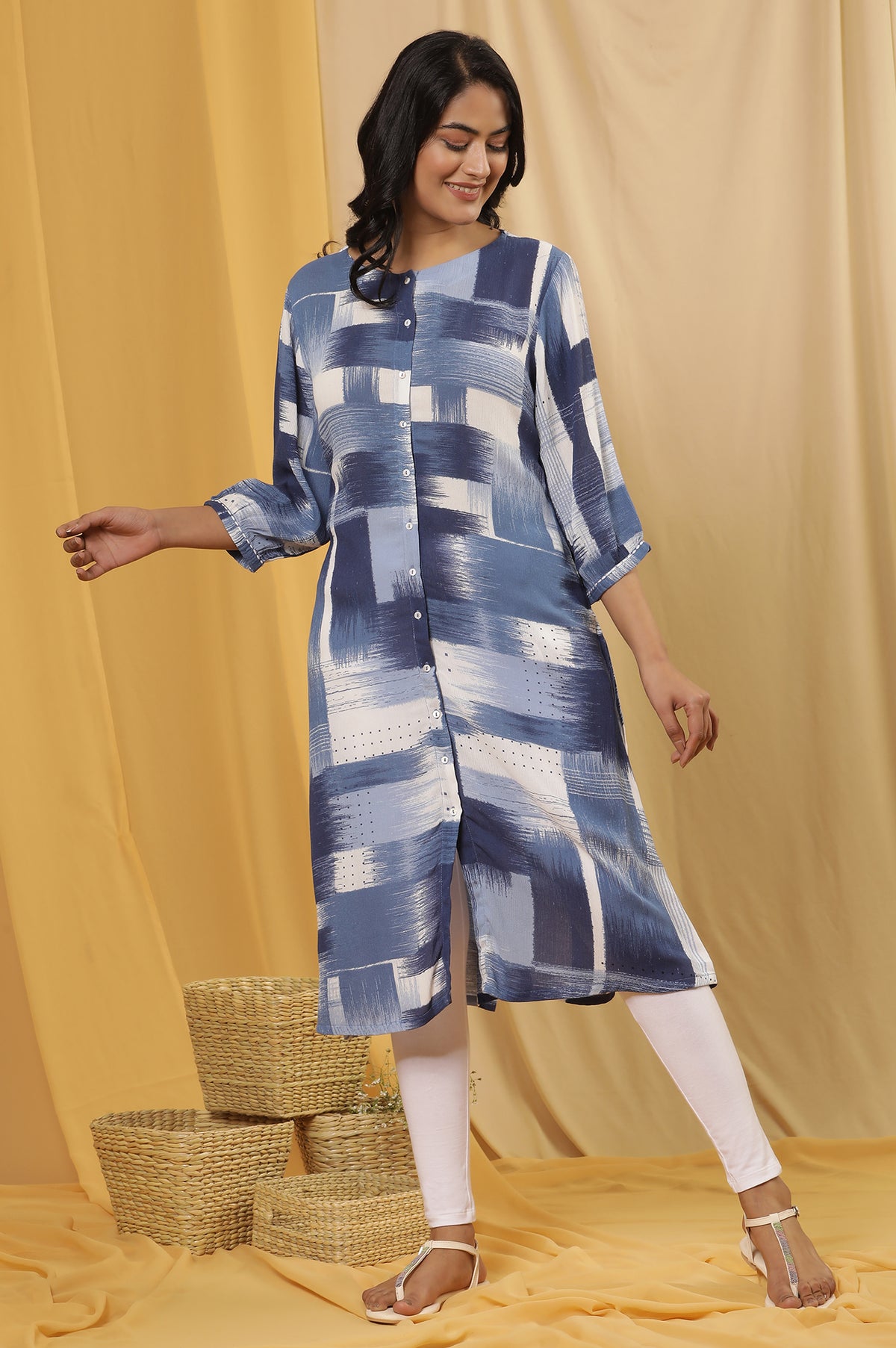 Blue Abstract Printed Kurta And Tights Set - XS