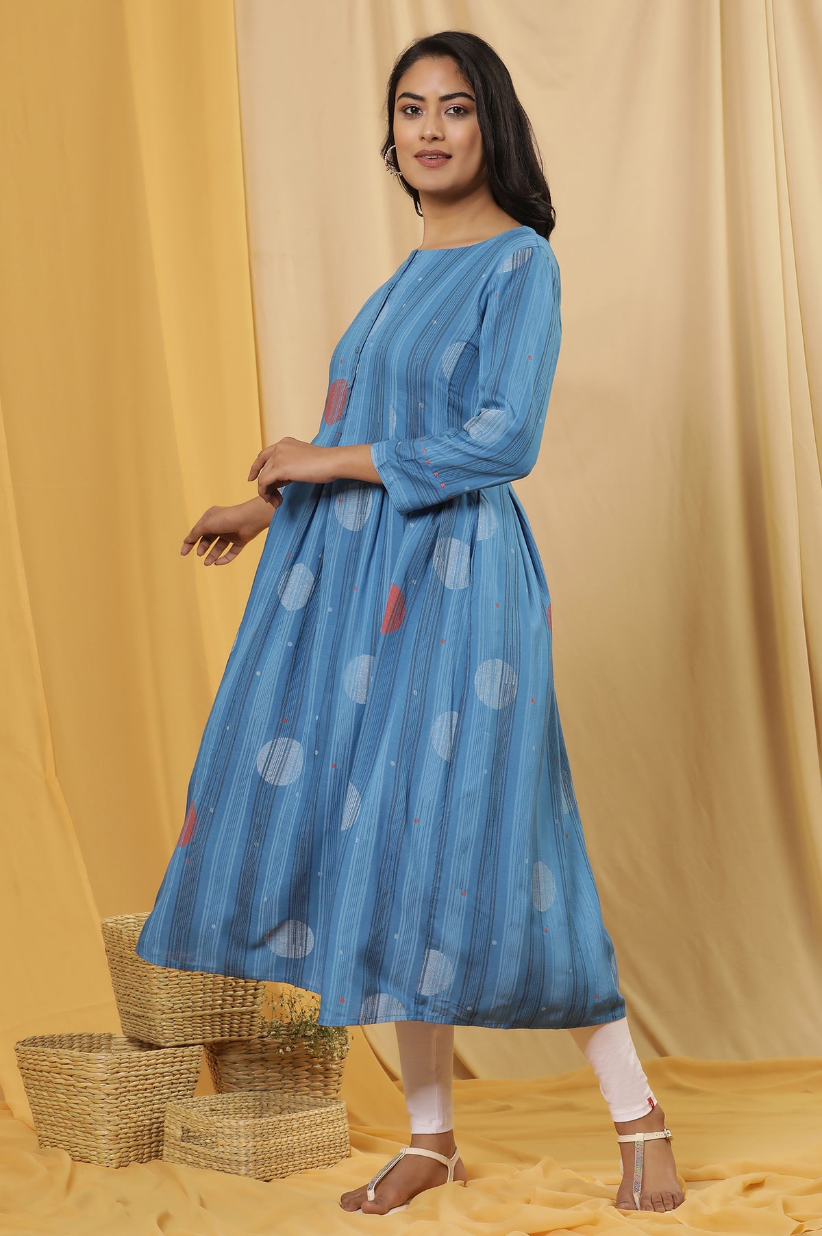 Blue Box Pleats Printed Kurta And Tights Set - XS
