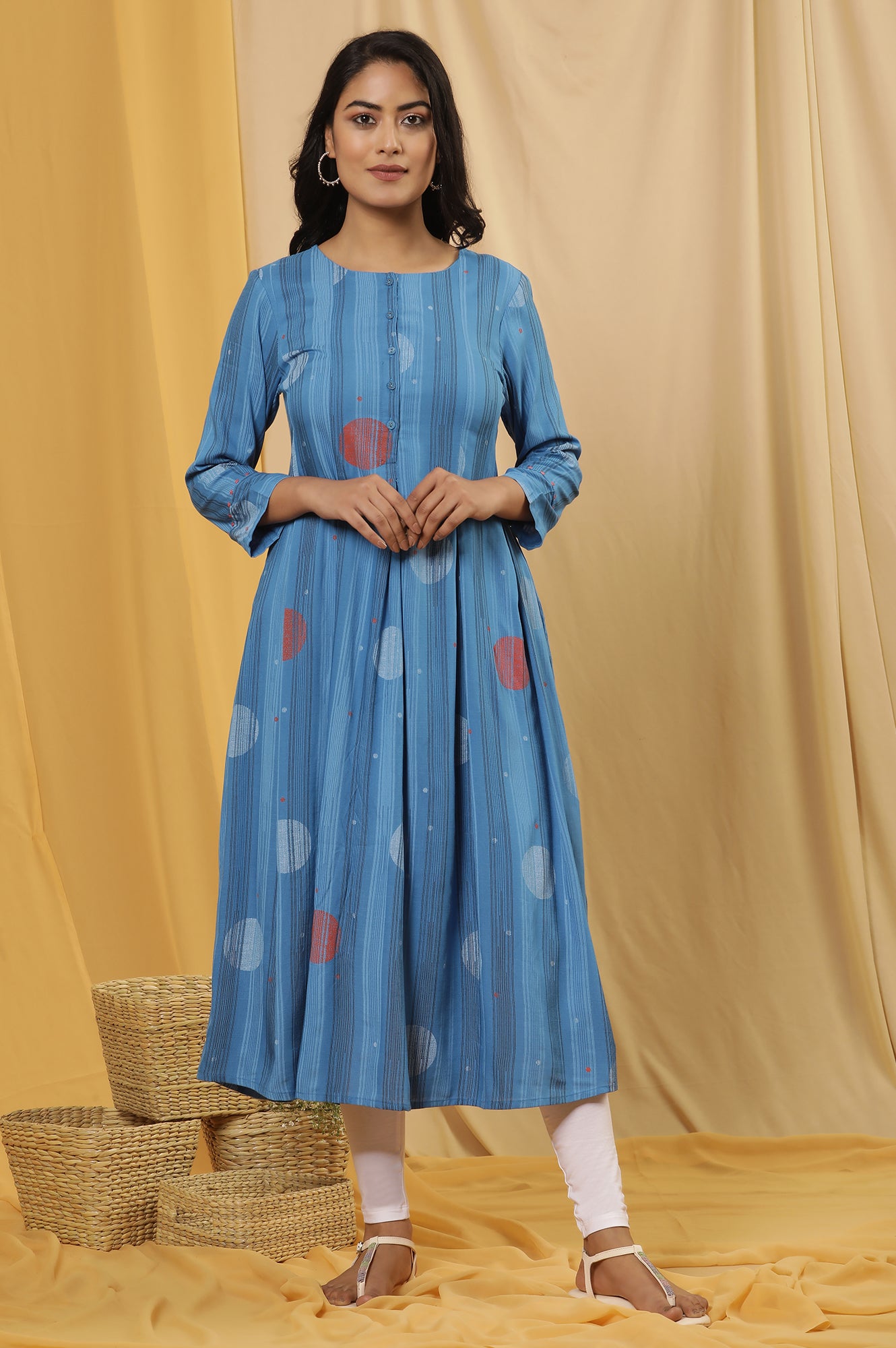 Blue Box Pleats Printed Kurta And Tights Set - wforwoman