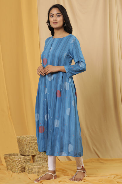 Blue Box Pleats Printed Kurta And Tights Set - wforwoman