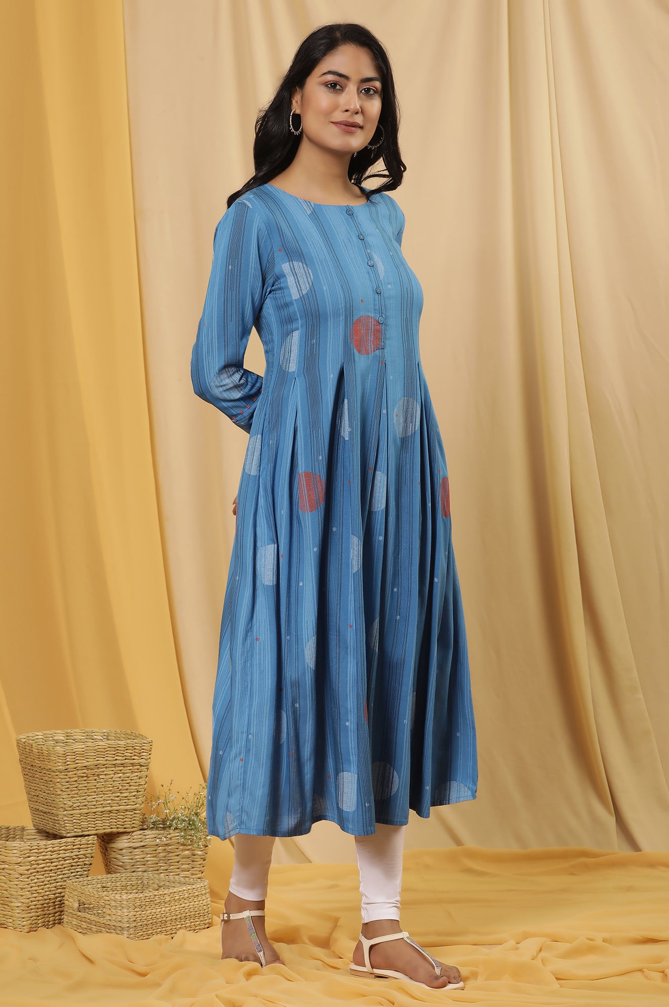 Blue Box Pleats Printed Kurta And Tights Set - wforwoman
