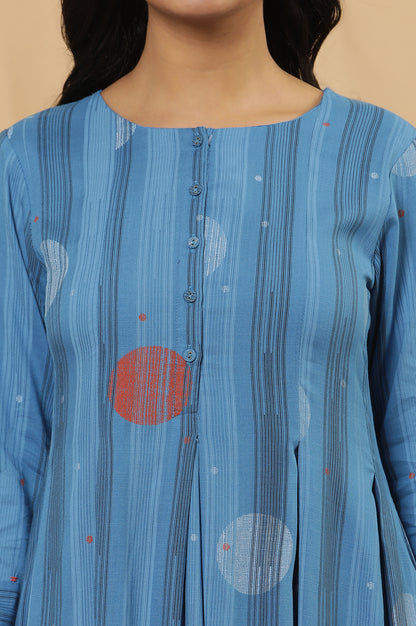 Blue Box Pleats Printed Kurta And Tights Set - wforwoman