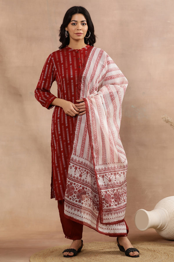 Red Printed Kurta, Pants and Dupatta Set