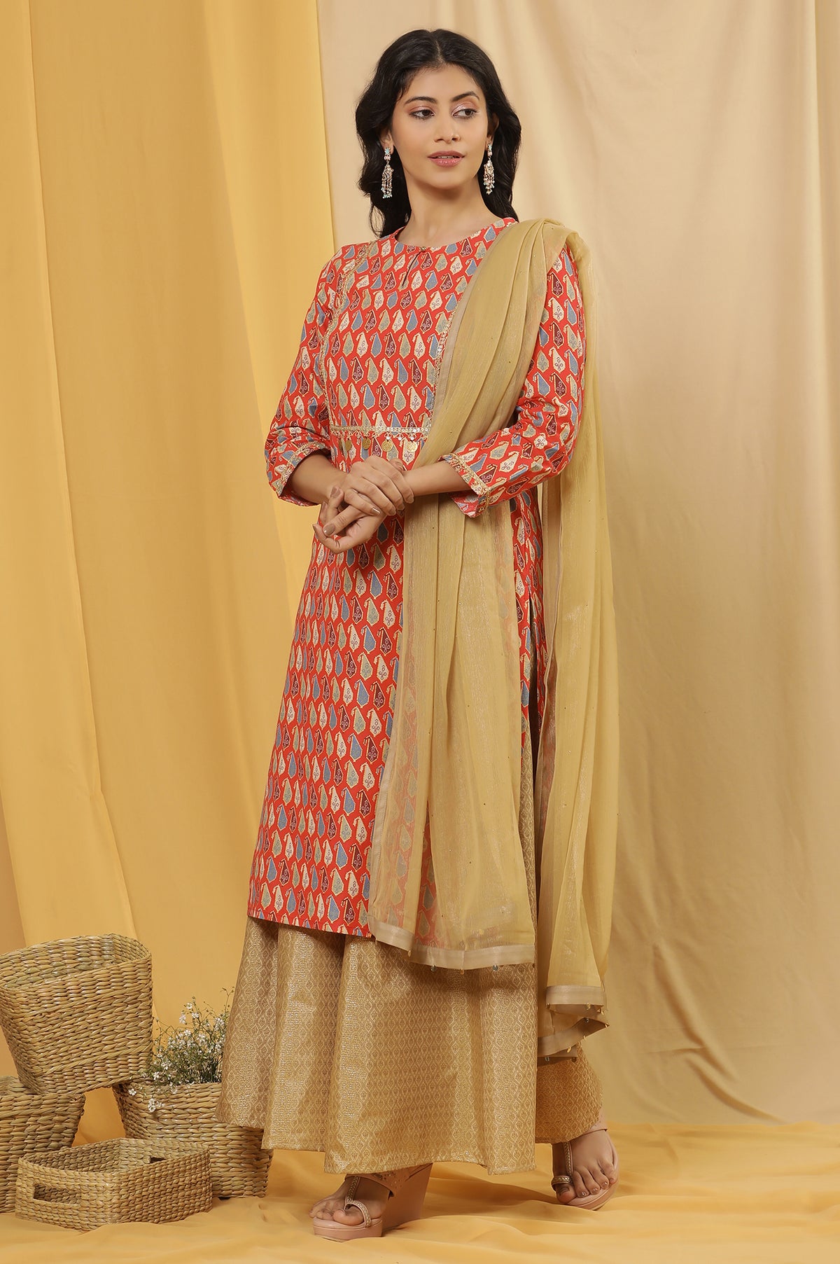 Orange Dori Embroidered Kurta, Pants And Dupatta Set - XS