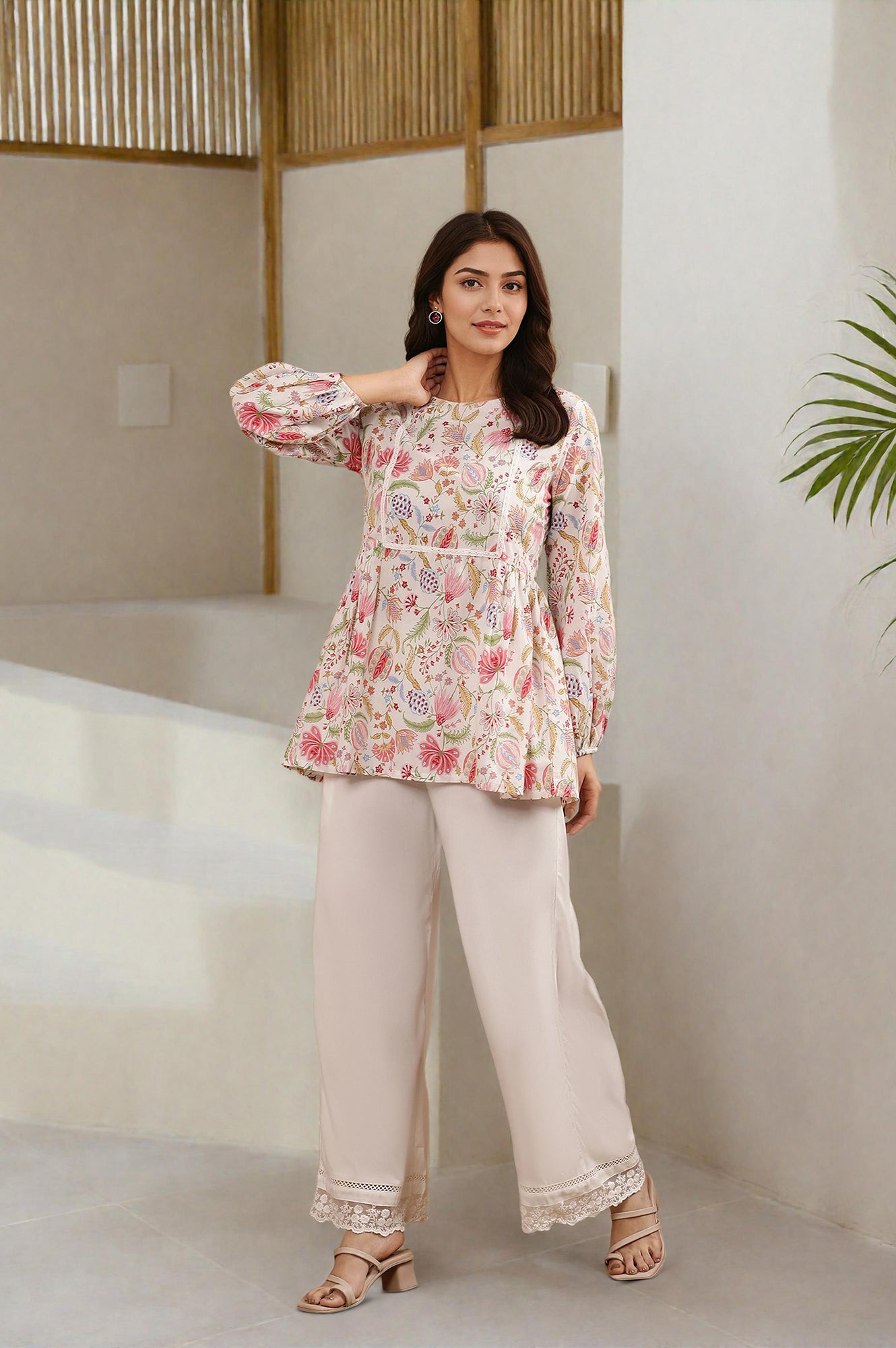 White Floral Printed Pure Cotton Top And Parallel Pants Set