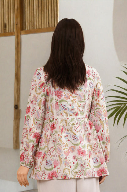 White Floral Printed Pure Cotton Top And Parallel Pants Set