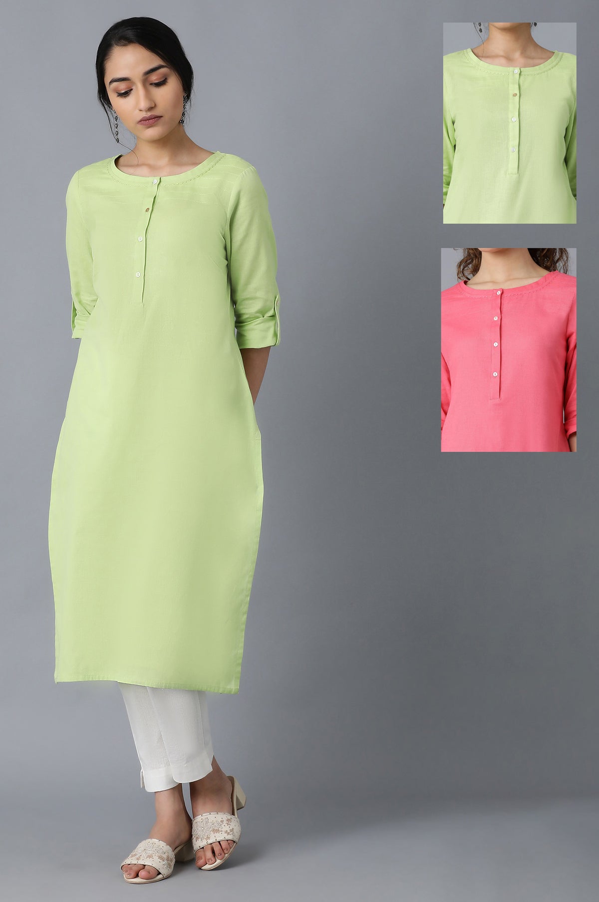 Green And Pink Solid Thread Work Straight Kurta Combo - XS