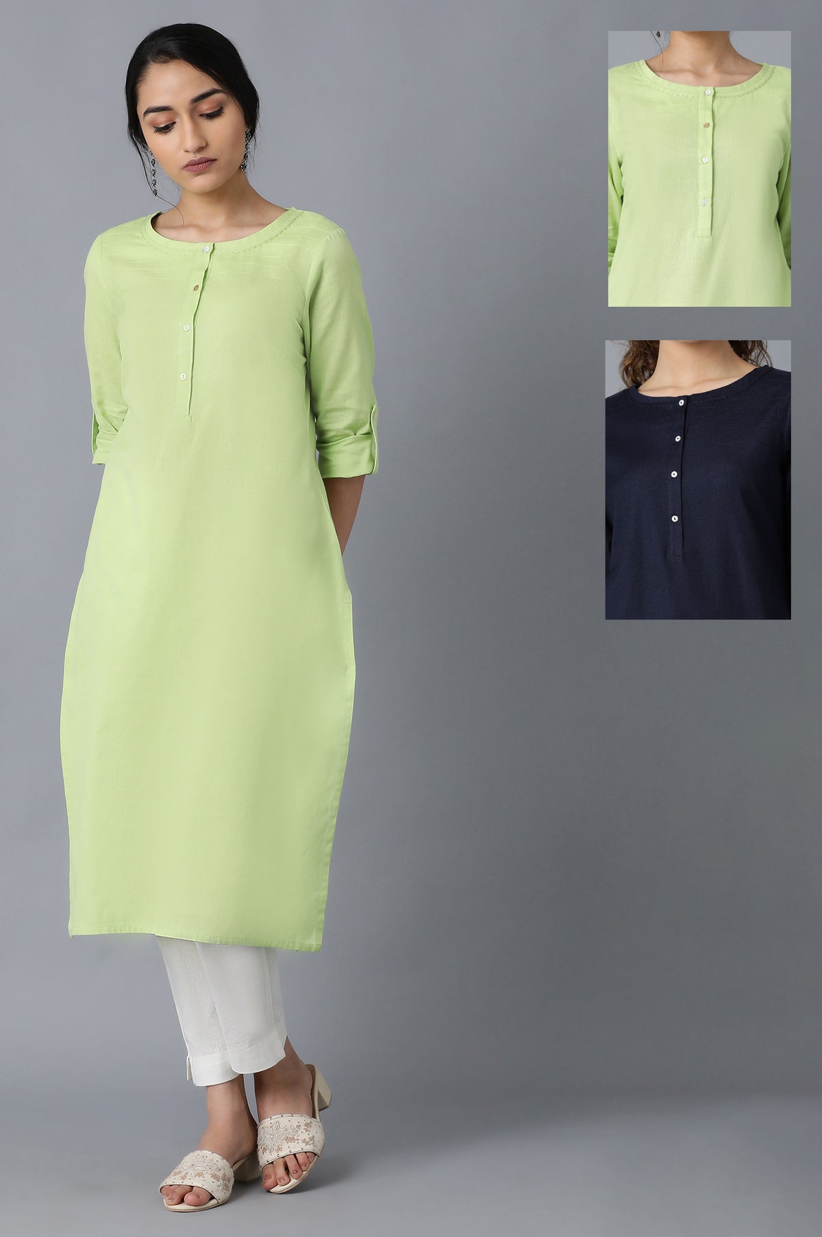 Green And Blue Solid Thread Work Straight Kurta Combo - XS