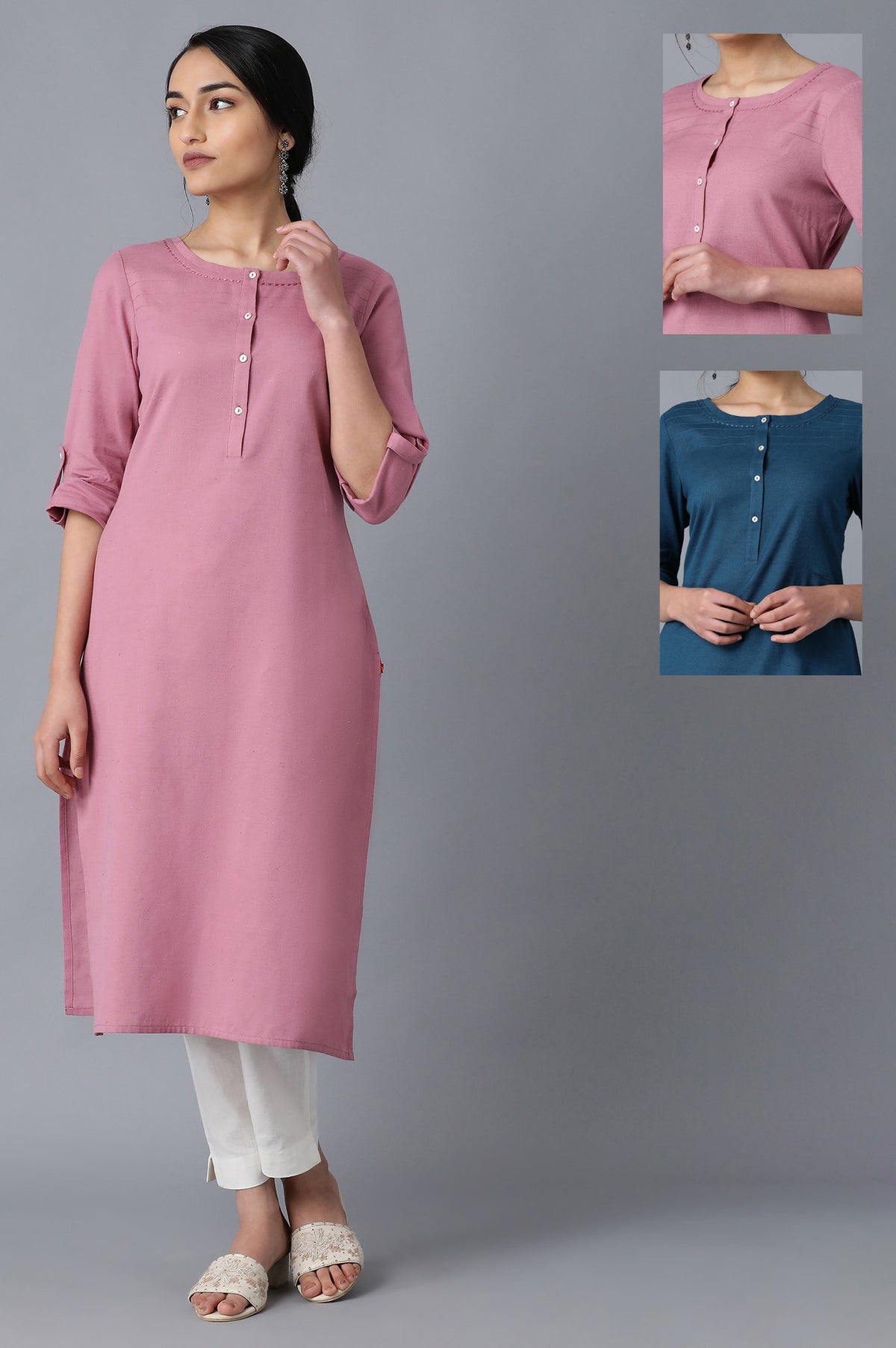 Mauve And Blue Solid Thread Work Straight Cotton Flax Kurta Combo - XS