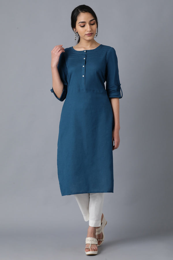 Mauve And Blue Solid Thread Work Straight Cotton Flax Kurta Combo