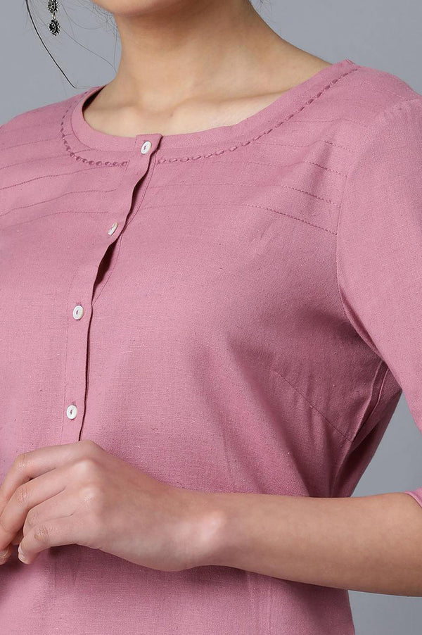 Mauve And Blue Solid Thread Work Straight Cotton Flax Kurta Combo