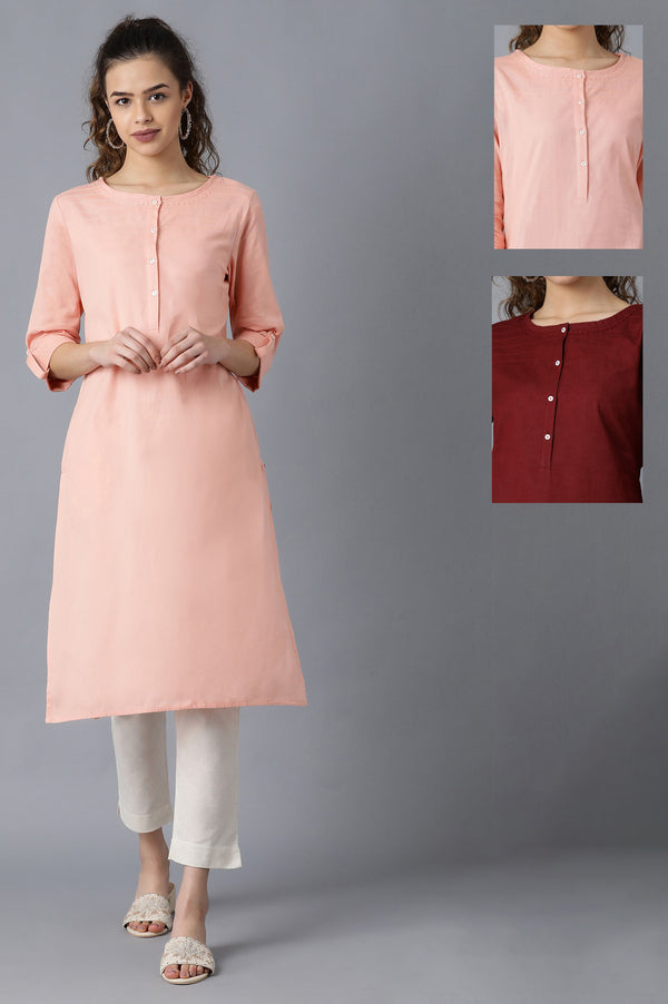 Peach And Maroon Solid Thread Work Straight Cotton Flax Kurta Combo