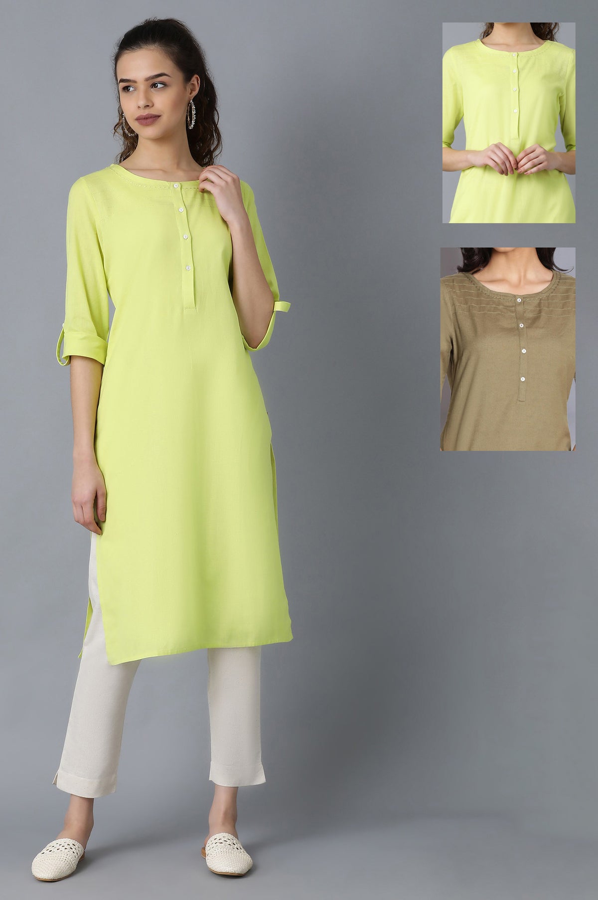 Yellow And Green Solid Thread Work Straight Cotton Flax Kurta Combo - XS