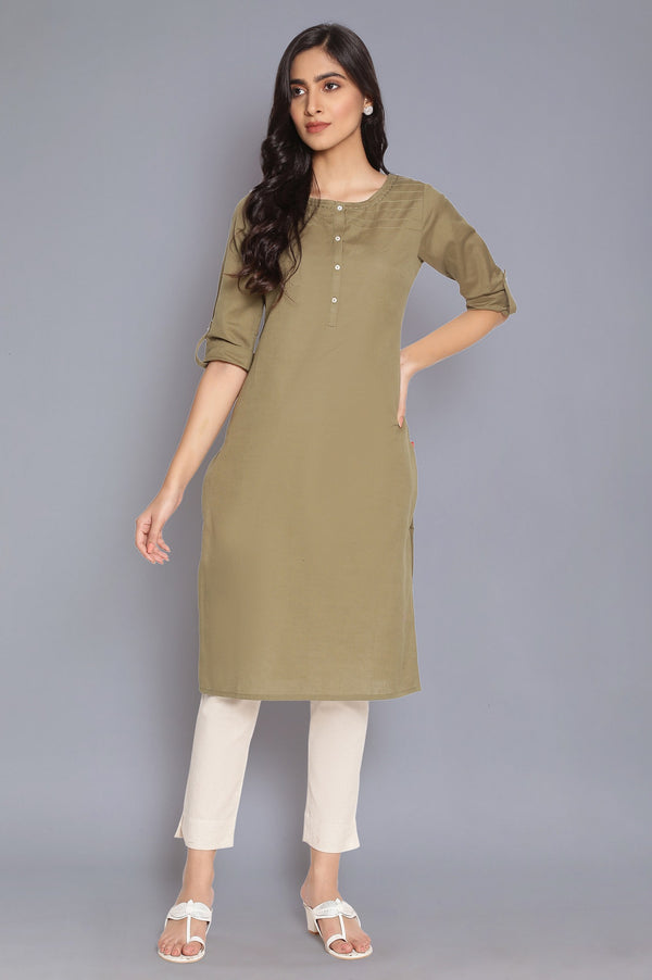 Yellow And Green Solid Thread Work Straight Cotton Flax Kurta Combo