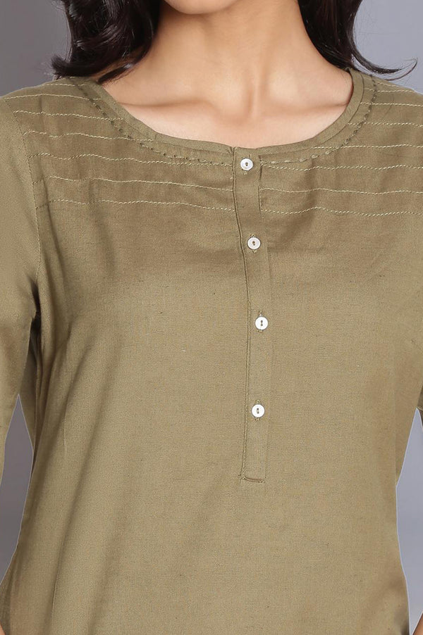 Yellow And Green Solid Thread Work Straight Cotton Flax Kurta Combo