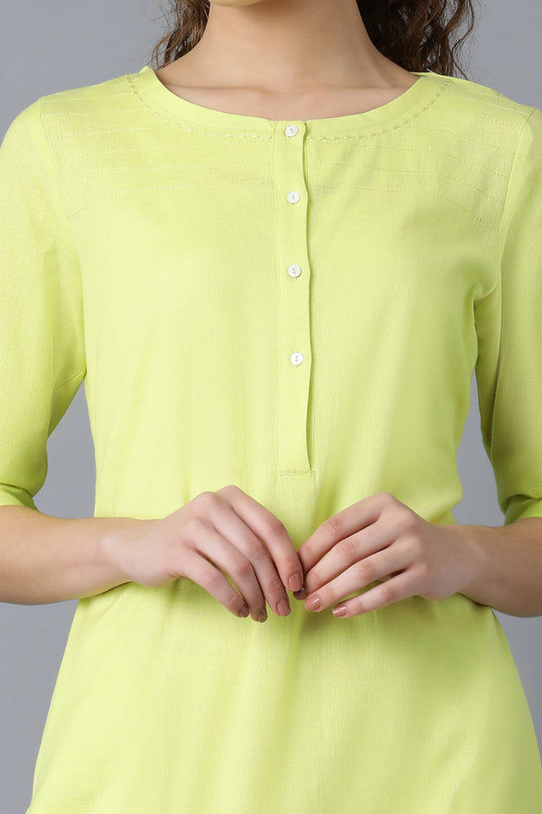 Yellow And Green Solid Thread Work Straight Cotton Flax Kurta Combo
