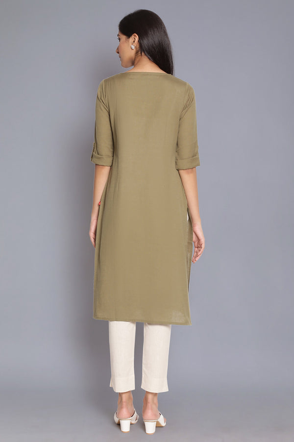 Yellow And Green Solid Thread Work Straight Cotton Flax Kurta Combo