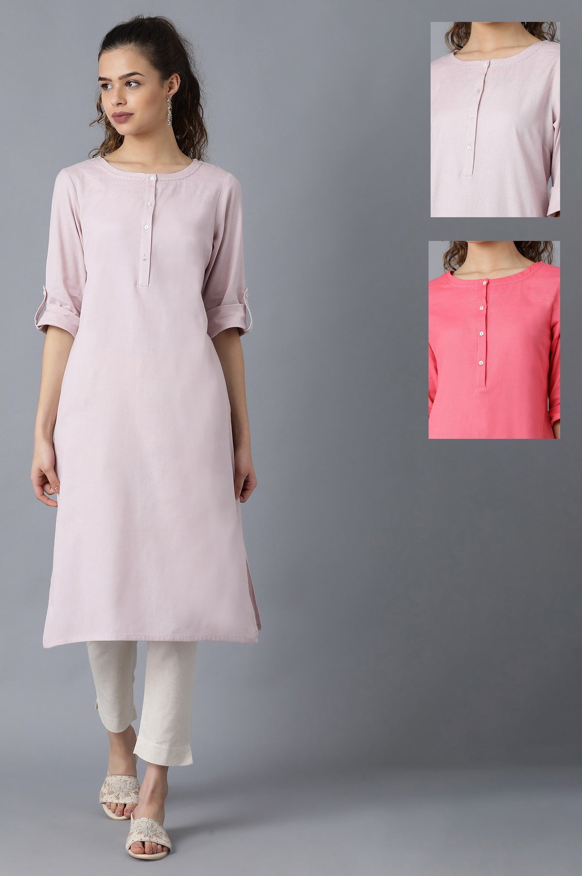 Light Purple And Pink Solid Thread Work Straight Cotton Flax Kurta Combo - 6