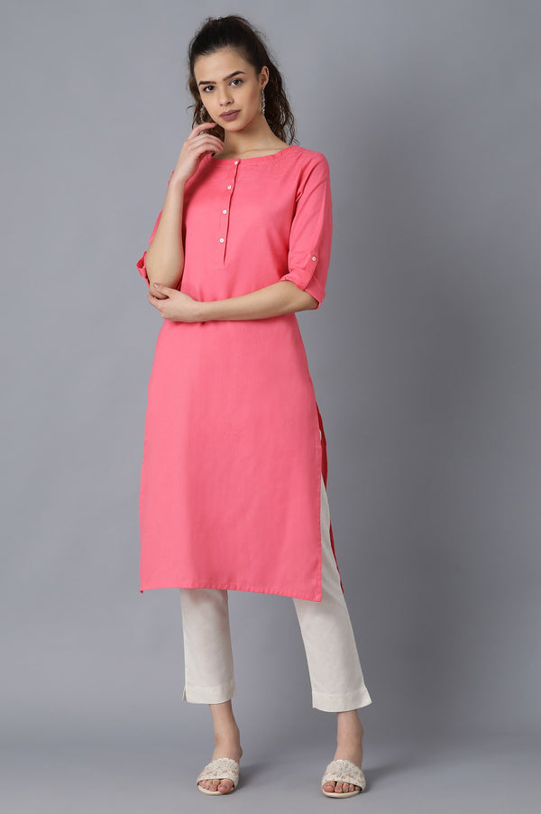 Light Purple And Pink Solid Thread Work Straight Cotton Flax Kurta Combo