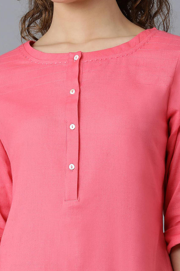 Light Purple And Pink Solid Thread Work Straight Cotton Flax Kurta Combo