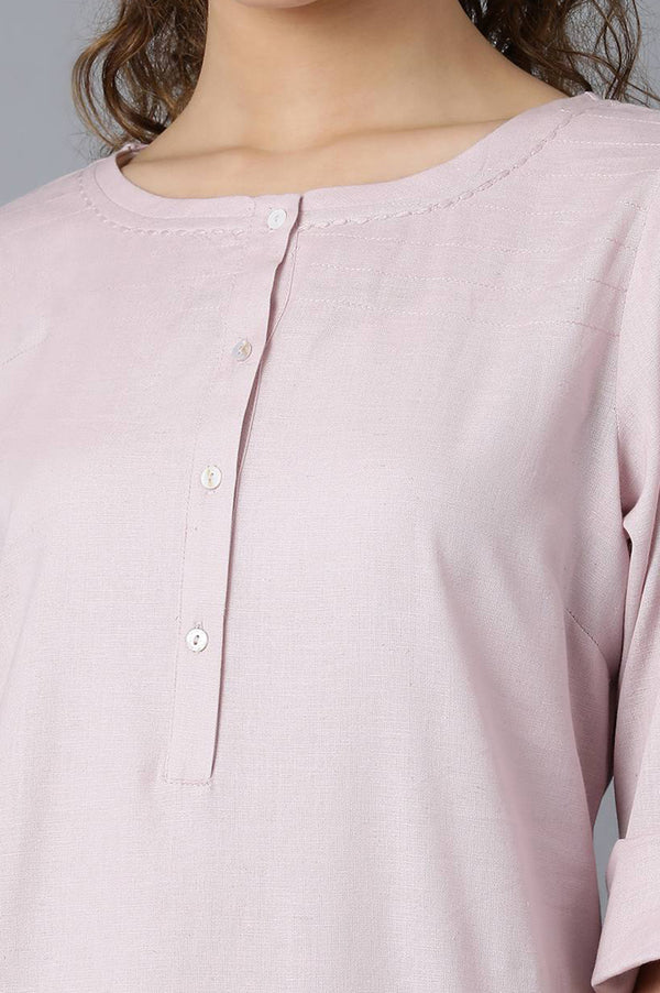 Light Purple And Pink Solid Thread Work Straight Cotton Flax Kurta Combo