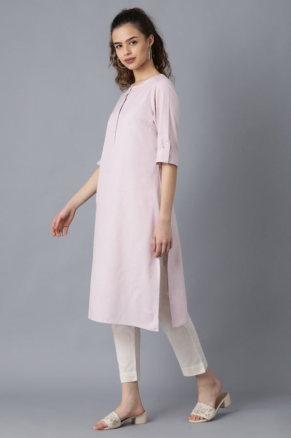 Light Purple And Pink Solid Thread Work Straight Cotton Flax Kurta Combo
