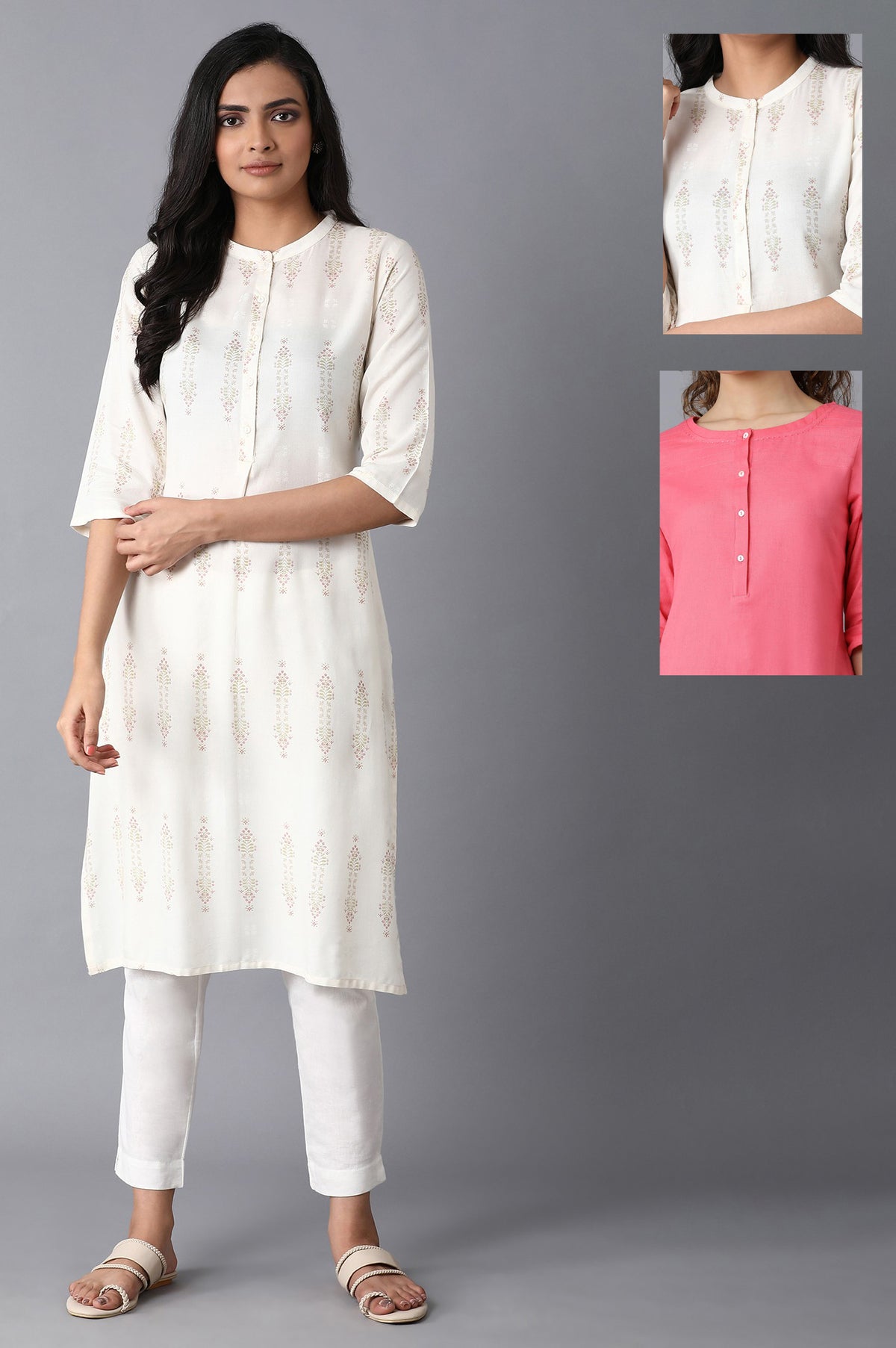 Printed White Kurta And Pink Thread Work Kurta Combo - XS