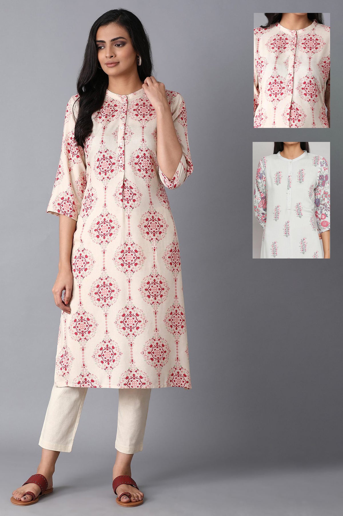Beige And Green Printed Straight Mandarin Collar Kurta Combo - XS