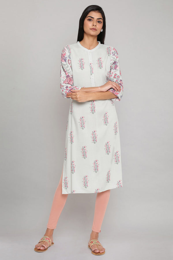 Beige And Green Printed Straight Mandarin Collar Kurta Combo