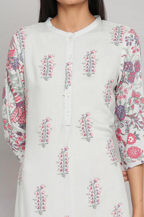 Beige And Green Printed Straight Mandarin Collar Kurta Combo