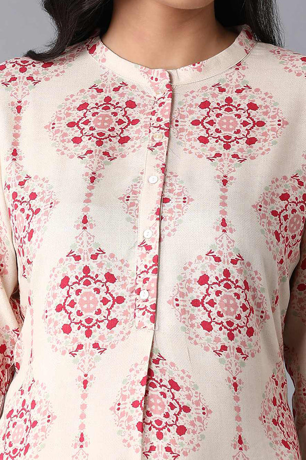 Beige And Green Printed Straight Mandarin Collar Kurta Combo
