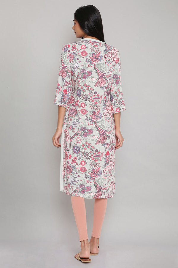 Beige And Green Printed Straight Mandarin Collar Kurta Combo