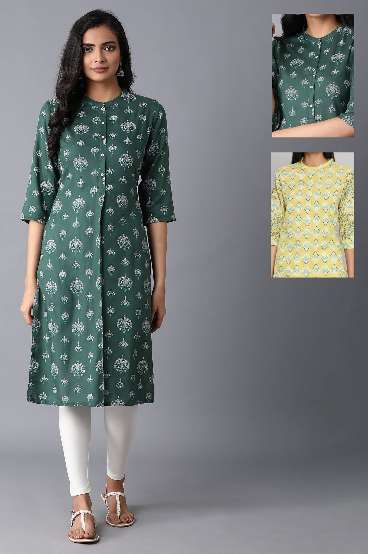 Dark Green And Light Green Printed Mandarin Collar Kurta Combo - XS