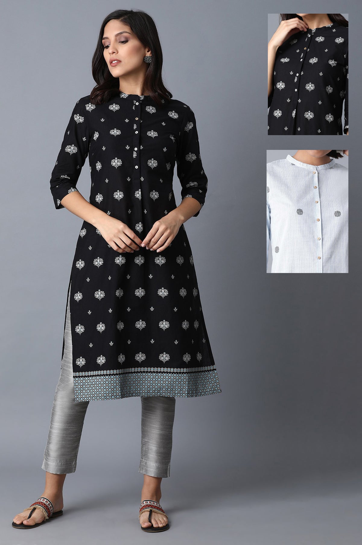 Black And Light Blue Printed Pure Cotton Straight Kurta Combo - XS