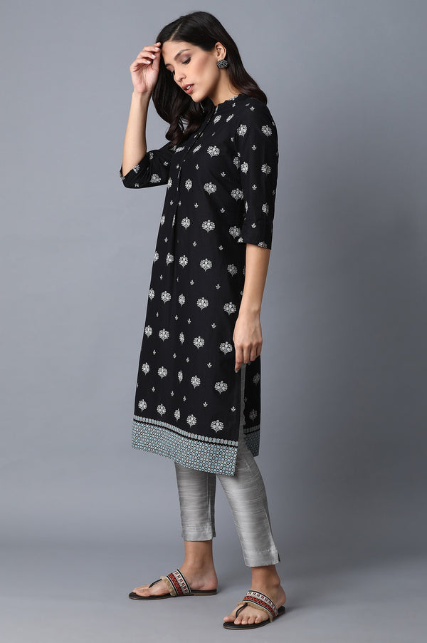 Black And Light Blue Printed Pure Cotton Straight Kurta Combo