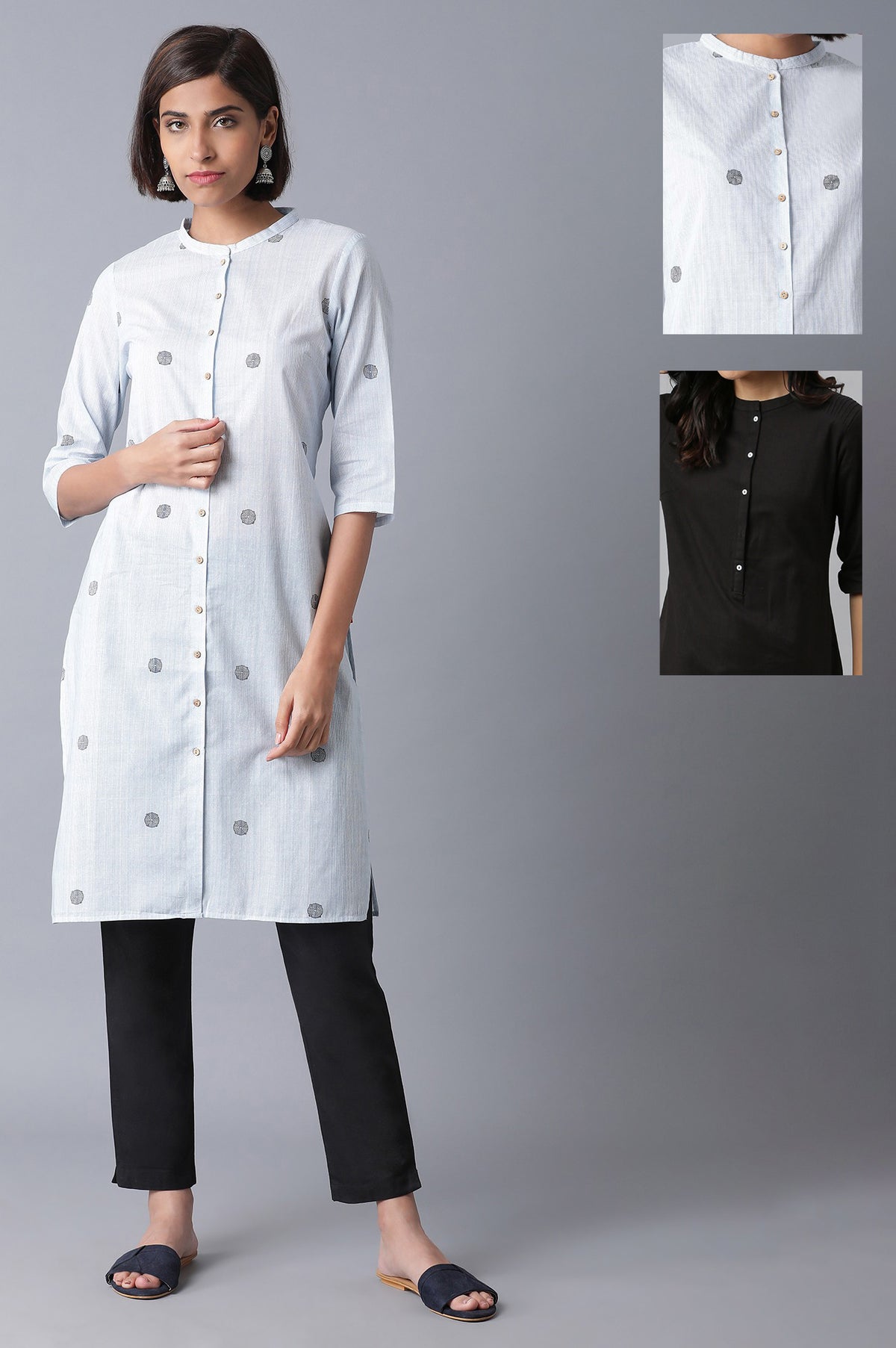 Light Blue Printed Pure Cotton & Solid Black Cotton Flax Kurta Combo - XS
