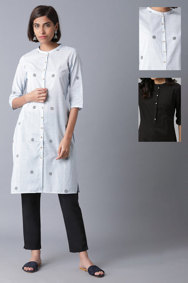 Light Blue Printed Pure Cotton & Solid Black Cotton Flax Kurta Combo