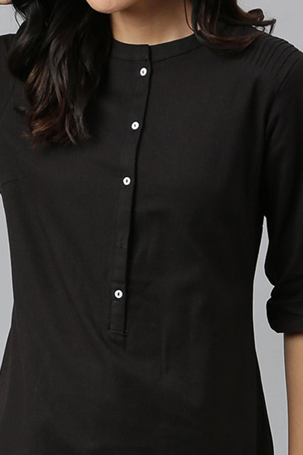 Light Blue Printed Pure Cotton & Solid Black Cotton Flax Kurta Combo