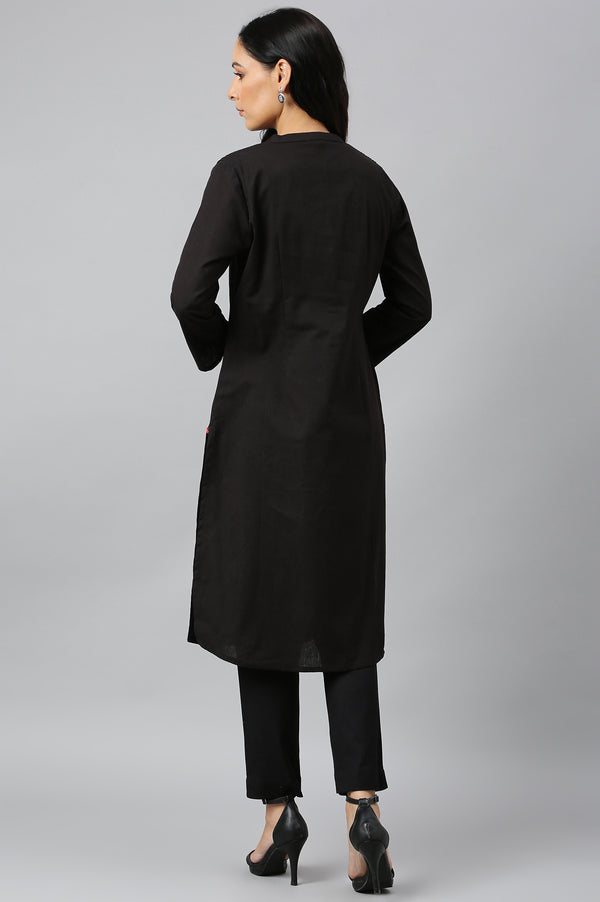 Light Blue Printed Pure Cotton & Solid Black Cotton Flax Kurta Combo