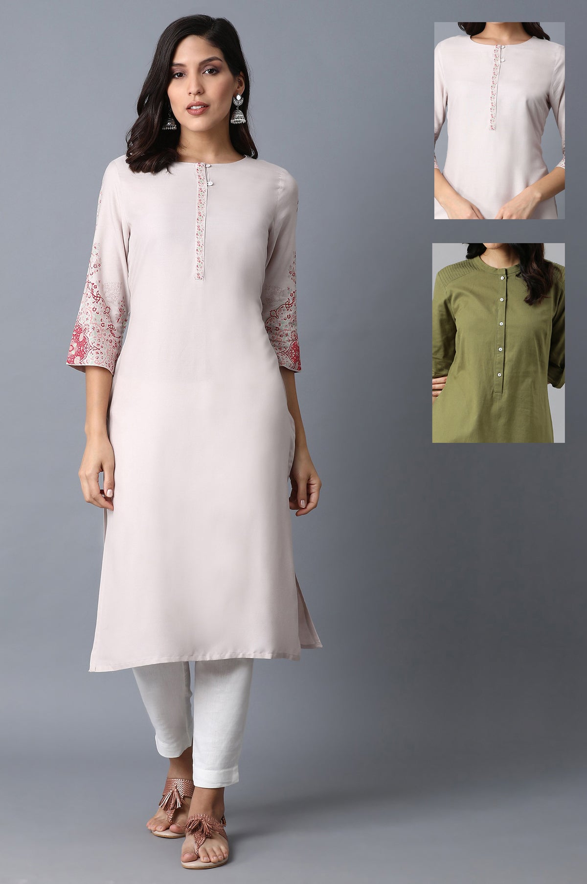 Light Pink Printed Rayon Kurta & Green Cotton Flax Solid Kurta Combo - XS