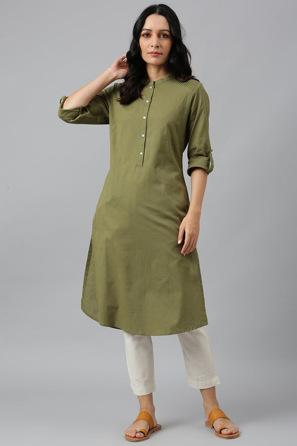 Light Pink Printed Rayon Kurta & Green Cotton Flax Solid Kurta Combo