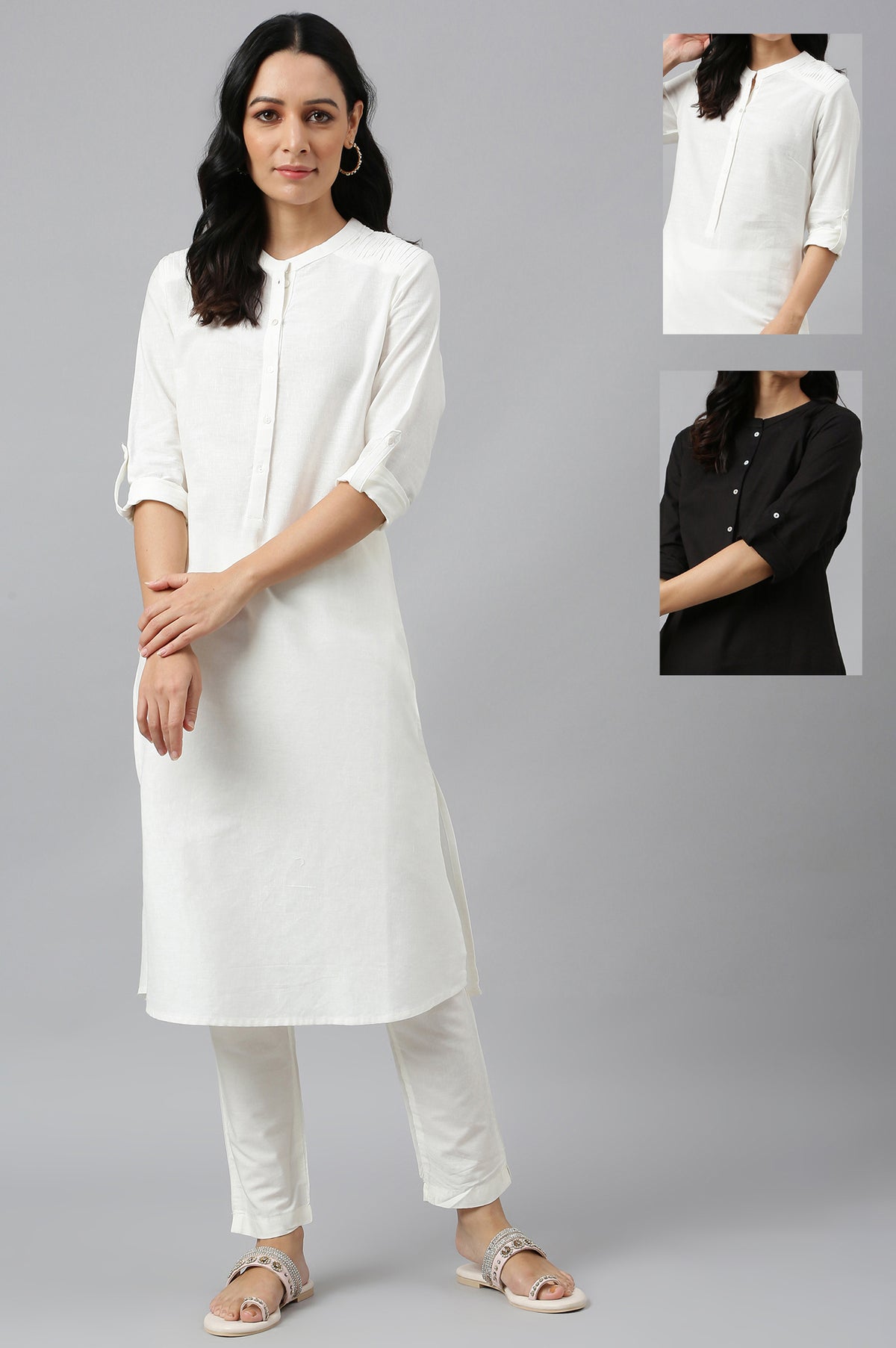 Black And White Half Placket Cotton Flax Kurta Combo - XS