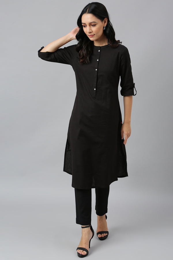 Black And White Half Placket Cotton Flax Kurta Combo