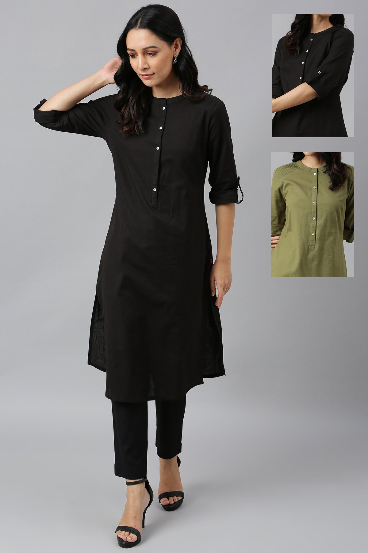 Black And Green Half Placket Cotton Flax Kurta Combo - XS